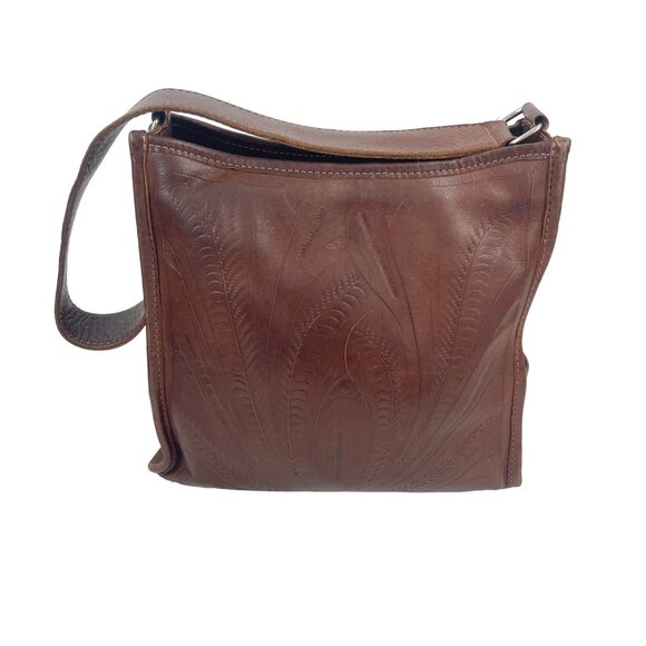 Handcrafted Brown White  Hand Tooled Leather Shoulder Bag Vintage - Picture 4 of 14